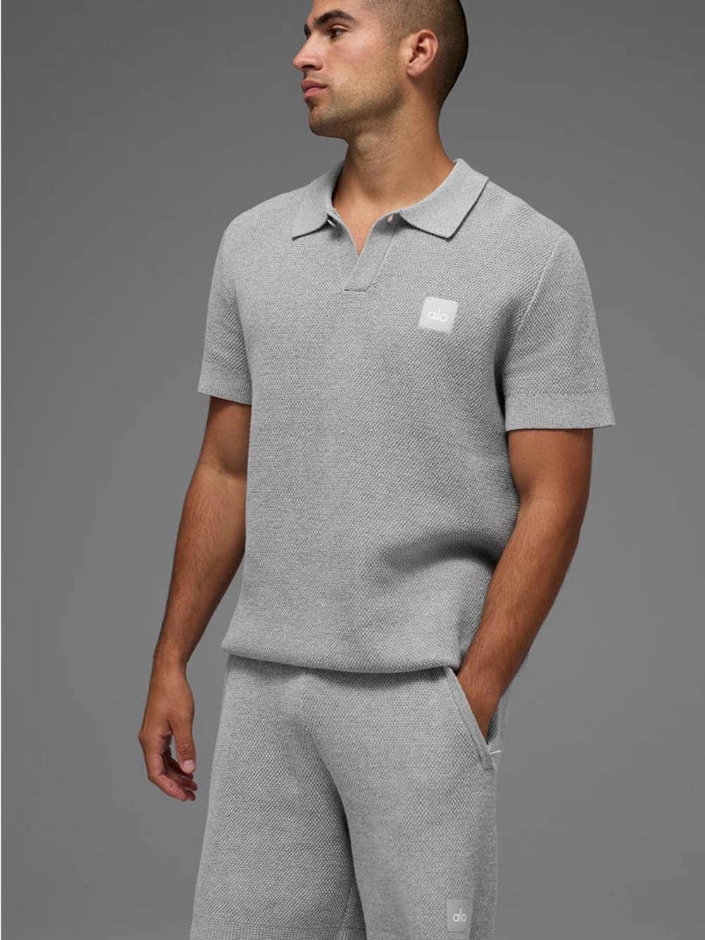 ALO Yoga Sports Club Sweater Knit Polo Athletic Heather Grey Mens Polo Gray - Picture 2 of 8